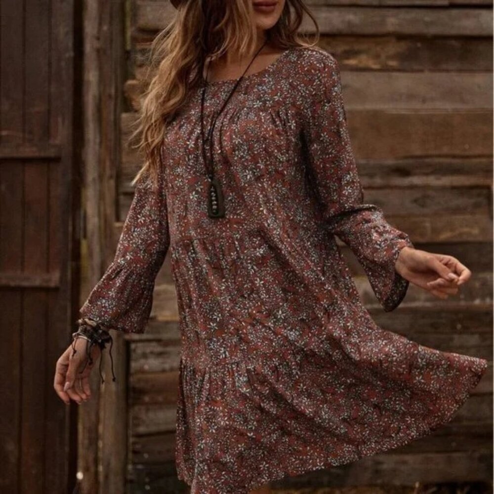 NWT Boho Floral Flounce Sleeve Smock Dress
